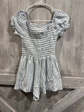Caution To The Wind Light Blue & White Stripe Girls size 12 One-Piece Romper F1